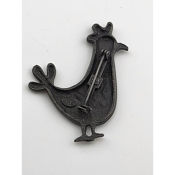 Vintage LG Signed Bird Brooch 2" Whimsical Pewter Tone Folk Art Pin - Picture 3 of 4